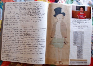 Photo of Eileen's writing journal with handwritten drafts and sayings and pictures cut from magazines