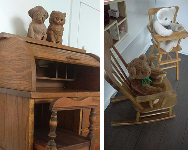 Eileen Beha rolltop desk and teddy bears