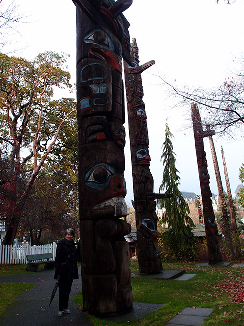 Eileen viewing totem poles, Thunderbird Park, Victoria, BC